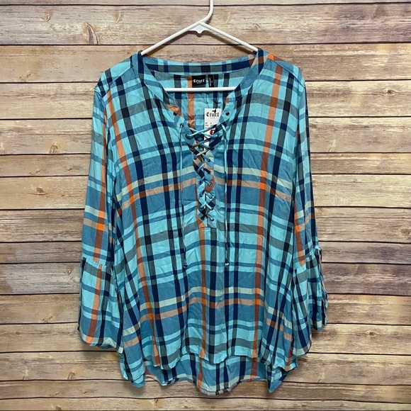 Cruel Girl Tops - NWT Cruel Girl Turquoise PlaId Bell Sleeve Blouse